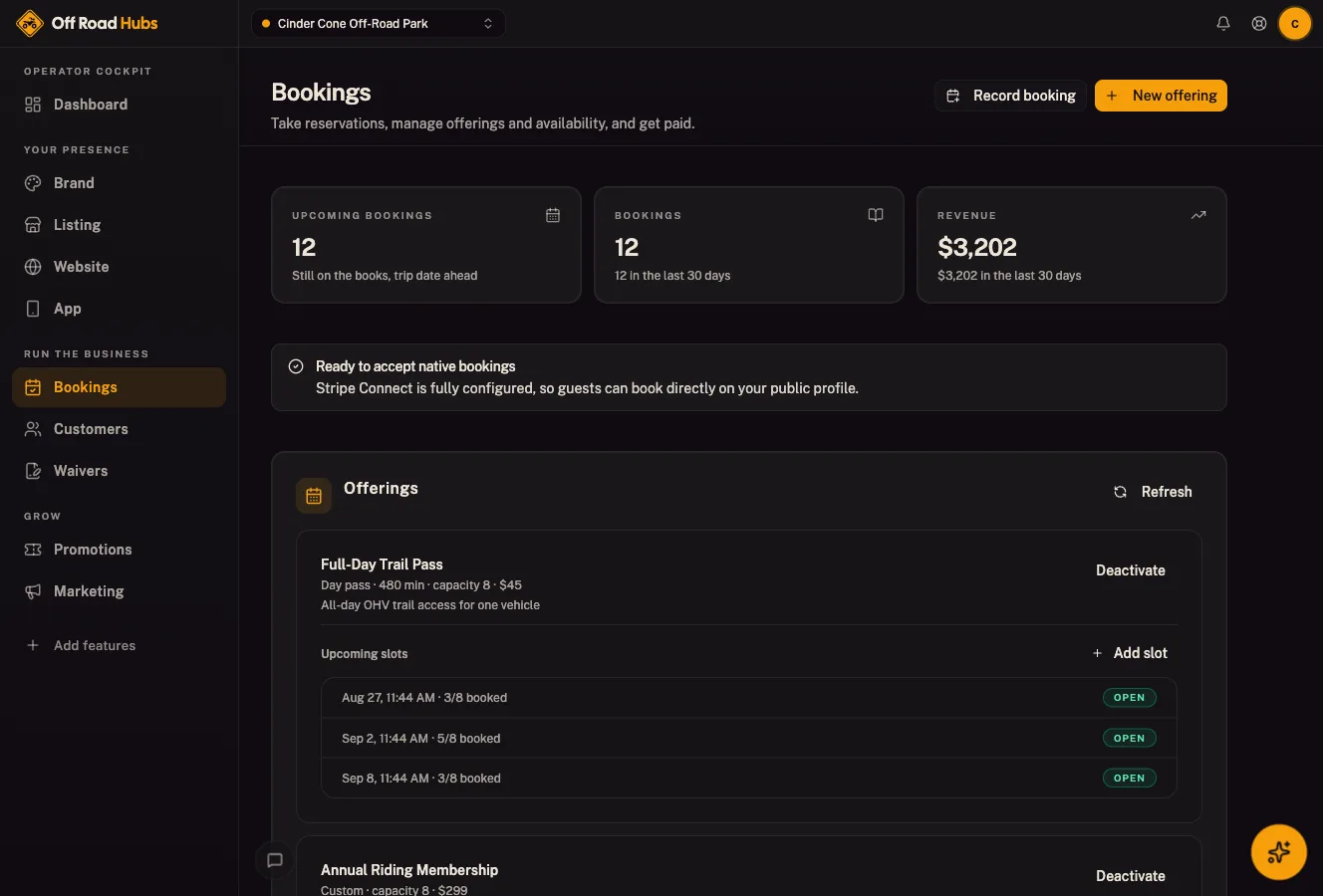 Great Outdoor Hubs cockpit: Bookings & payments