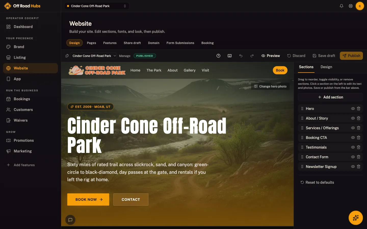 Great Outdoor Hubs cockpit: Website builder