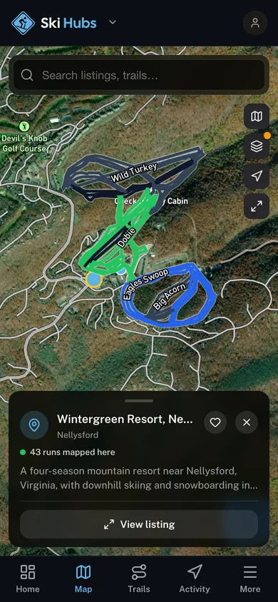 The GoHubs app showing named ski runs with a listing open