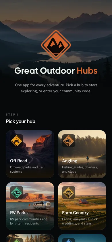 The GoHubs app hub picker, showing a tile for each activity